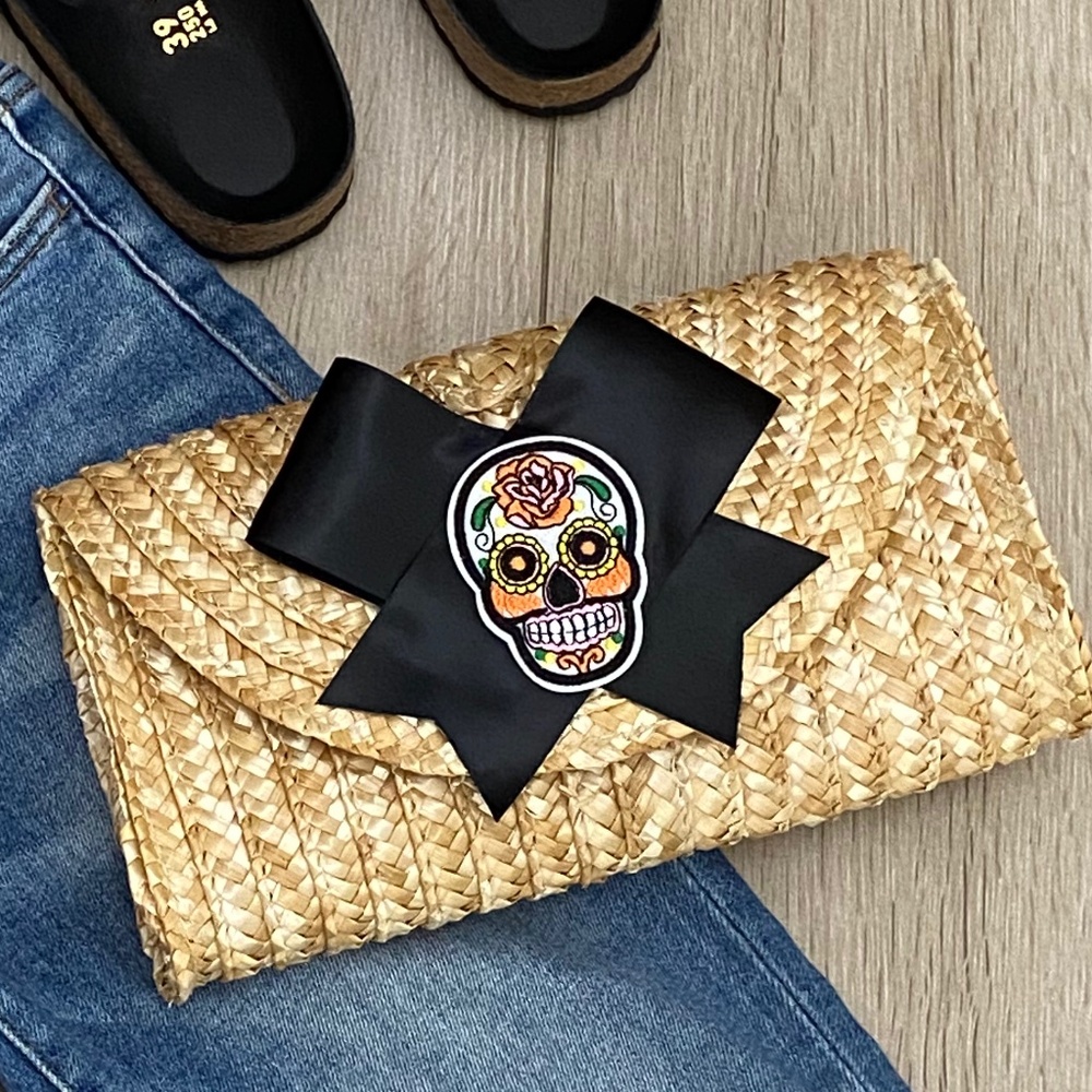 Rattan Straw Clutch with Black Bow and Sugar Skull